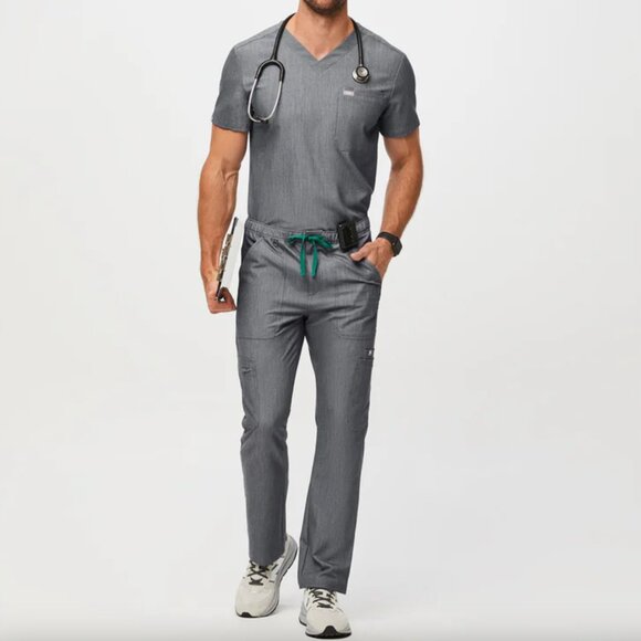 Figs Mens Graphite Grey Leon V-neck Top + Cairo Straight Leg Pants Scrubs Set - Picture 1 of 10